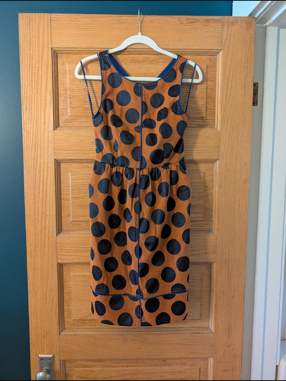 Anthropologie Maeve Rust Polka Dot Midi Dress with Navy Dots